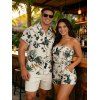 Vacation Couple Outfit Tropical Hibiscus Floral Monstera Leaf Print Pocket Off the Shoulder Romper and Shirt Set - Beige S | US 4