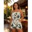 Vacation Romper Tropical Hibiscus Floral Monstera Leaf Print Pocket Off the Shoulder Romper - Beige XL | US 12