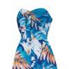 Combinaison de vacances à Hawaï pour la plage, colorblock, imprimé tropical de feuilles de monstera, nœud papillon, poche, épaules dénudées - Bleu Toile de Jean L | US 8-10