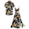 Hawaiian Vacation Couple Outfit Retro Tropical Botanical Leaf Print Lace Hollow Out Slit Dress and Shirt Beach Set - Noir S | US 4