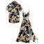 Hawaiian Vacation Couple Outfit Retro Tropical Botanical Leaf Print Lace Hollow Out Slit Dress and Shirt Beach Set - Noir S | US 4