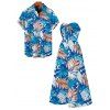 Hawaiian Couple Outfit Colorblock Tropical Monstera Leaf Print Bowknot Pocket Off the Shoulder Jumpsuit and Shirt Set - Bleu Toile de Jean S | US 4