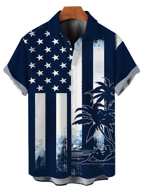 Chemise hawaïenne pour homme, motif drapeau américain, étoiles et rayures, palmiers, boutonnée, style patriotique, idéale pour la fête de l'Indépendance et la plage.