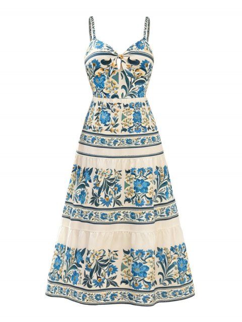 Robe de vacances bohème à imprimé floral et feuilles ethniques, nœud papillon, style bohème à volants