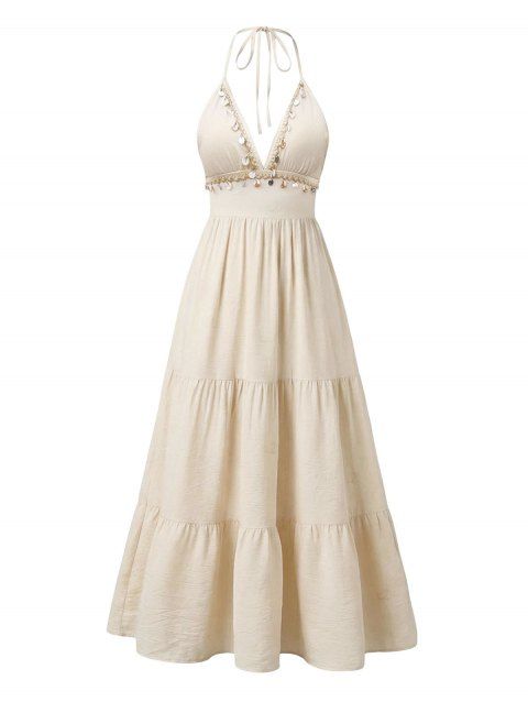 Robe de vacances unie à sequins, dos nu et col halter