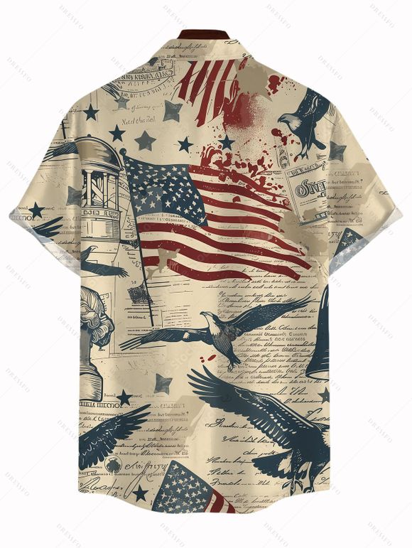 Men's Independence Day Shirt Vintage American Flag Bald Eagle Print Button Up Patriotic Shirt - café lumière 5XL