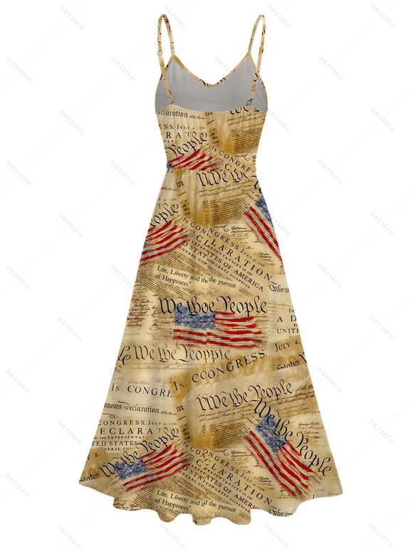 Independence Day Dress Vintage Constitution Document American Flag Print Tied Spaghetti Strap Patriotic Dress - Bronze XXL | US 14