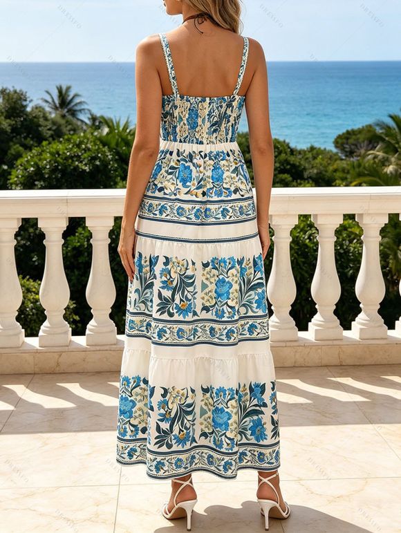 Bohemian Vacation Dress Floral Leaf Ethnic Print Bowknot Tiered Boho Dress - Bleu clair XL | US 10