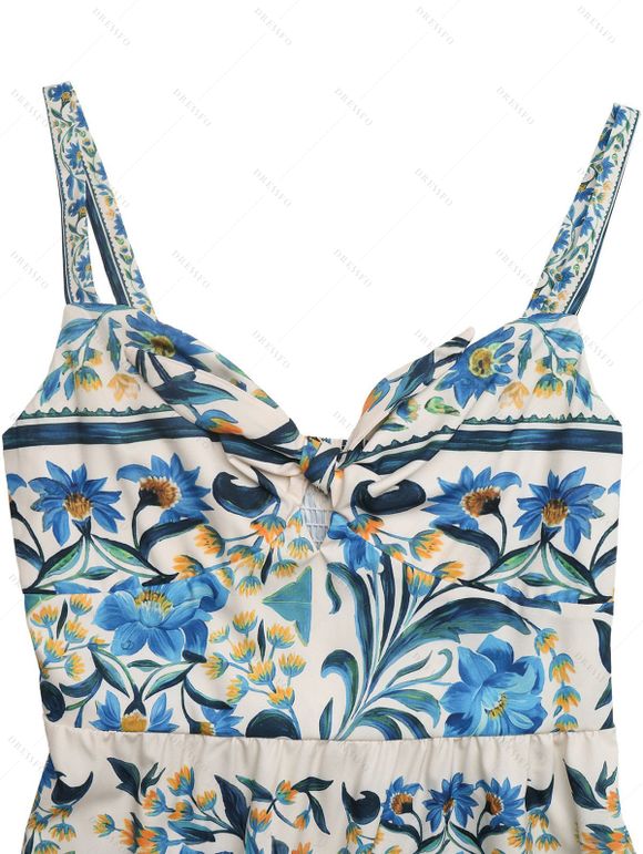 Bohemian Vacation Dress Floral Leaf Ethnic Print Bowknot Tiered Boho Dress - Bleu clair XL | US 10