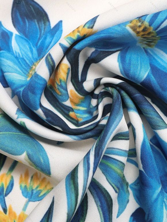 Bohemian Vacation Dress Floral Leaf Ethnic Print Bowknot Tiered Boho Dress - Bleu clair XL | US 10