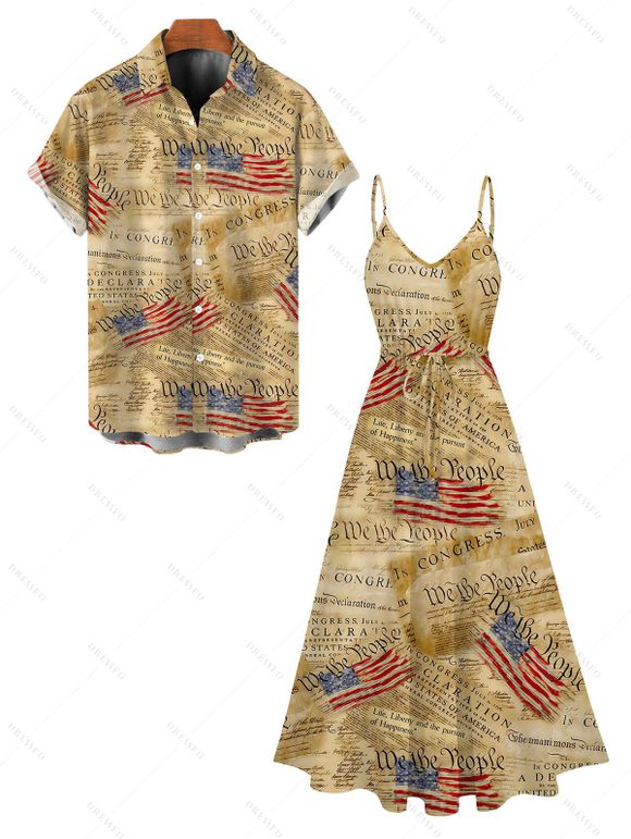Independence Day Couple Outfit Vintage Constitution Document American Flag Print Tied Spaghetti Strap Dress and Shirt Patriotic Set - Bronze S | US 4
