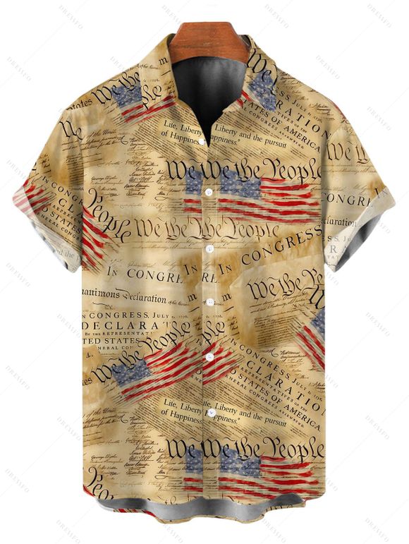 Independence Day Couple Outfit Vintage Constitution Document American Flag Print Tied Spaghetti Strap Dress and Shirt Patriotic Set - Bronze S | US 4