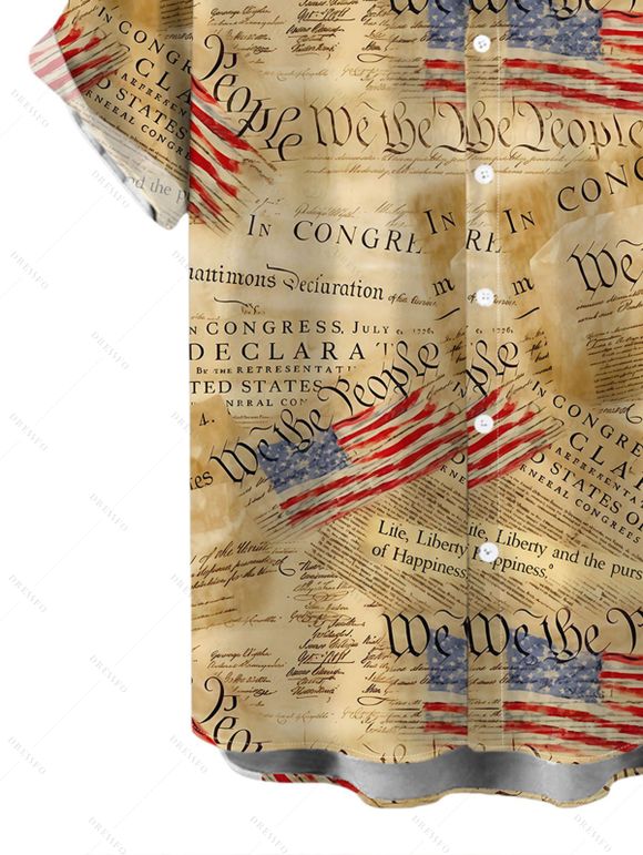 Independence Day Couple Outfit Vintage Constitution Document American Flag Print Tied Spaghetti Strap Dress and Shirt Patriotic Set - Bronze S | US 4