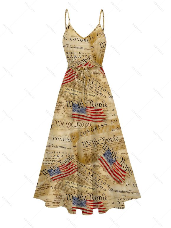 Independence Day Couple Outfit Vintage Constitution Document American Flag Print Tied Spaghetti Strap Dress and Shirt Patriotic Set - Bronze S | US 4