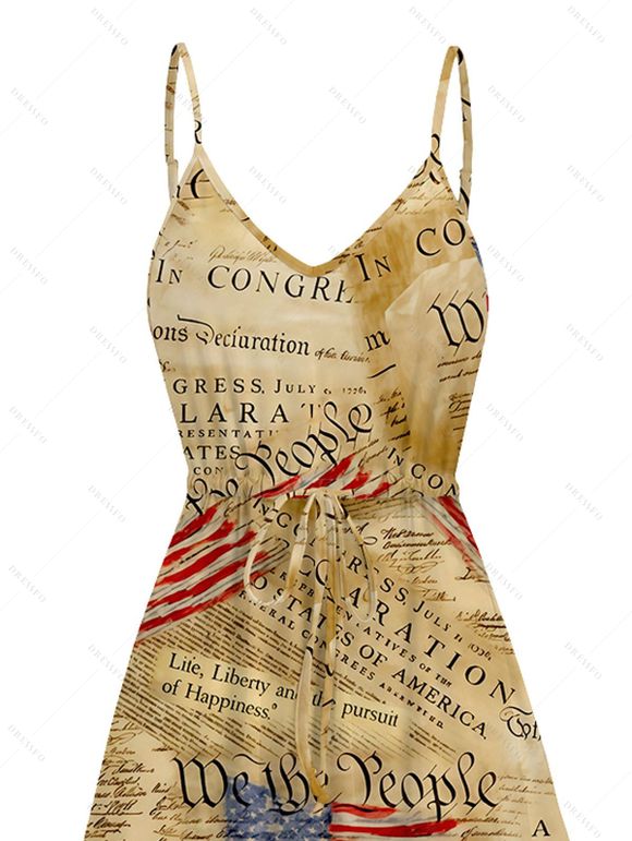 Independence Day Couple Outfit Vintage Constitution Document American Flag Print Tied Spaghetti Strap Dress and Shirt Patriotic Set - Bronze S | US 4