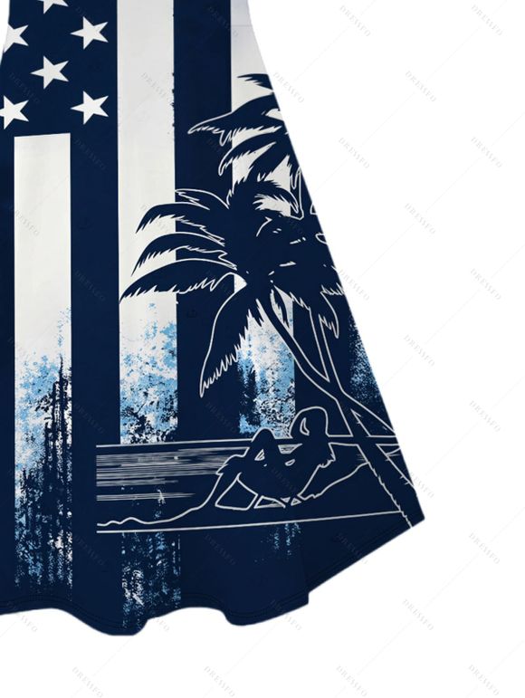 Independence Day Dress Colorblock American Flag Star Stripe Palm Tree Print Spaghetti Strap Patriotic Dress - Bleu de Minuit XXXXXL | US 20