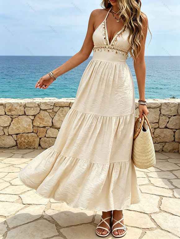 Vacation Dress Solid Color Sequined Open Back Halter Maxi Dress - Beige XL | US 10