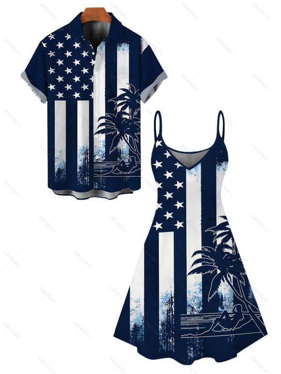 Independence Day Couple Outfit Colorblock American Flag Star Stripe Palm Tree Print Spaghetti Strap Dress and Shirt Patriotic Set - Bleu de Minuit S | US 4