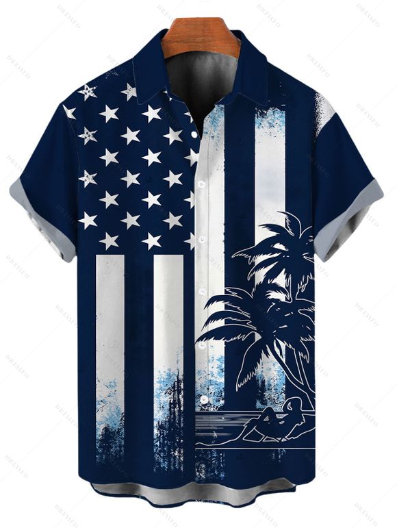 Independence Day Couple Outfit Colorblock American Flag Star Stripe Palm Tree Print Spaghetti Strap Dress and Shirt Patriotic Set - Bleu de Minuit S | US 4