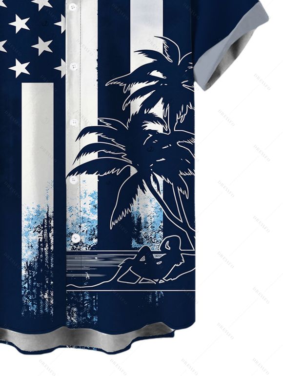 Independence Day Couple Outfit Colorblock American Flag Star Stripe Palm Tree Print Spaghetti Strap Dress and Shirt Patriotic Set - Bleu de Minuit S | US 4