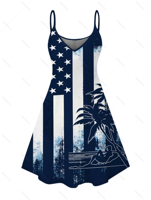 Independence Day Couple Outfit Colorblock American Flag Star Stripe Palm Tree Print Spaghetti Strap Dress and Shirt Patriotic Set - Bleu de Minuit S | US 4