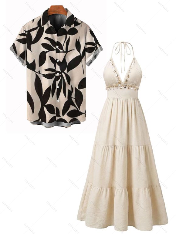 Vacation Couple Outfit Solid Color Sequined Open Back Halter Maxi Dress and Leaf Patten Shirt Set - Beige S | US 4