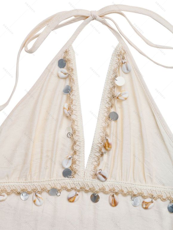 Vacation Couple Outfit Solid Color Sequined Open Back Halter Maxi Dress and Leaf Patten Shirt Set - Beige S | US 4