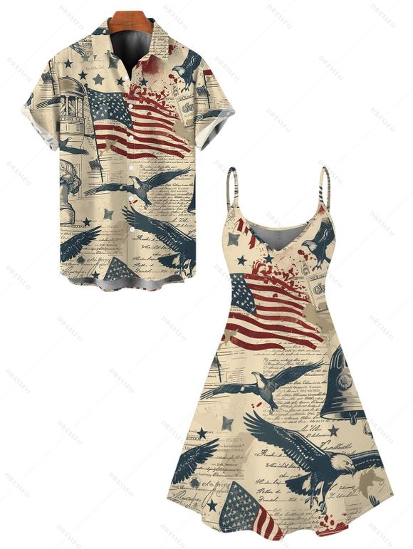 Independence Day Couple Outfit Vintage American Flag Bald Eagle Print Spaghetti Strap Dress and Shirt Patriotic Set - café lumière S | US 4