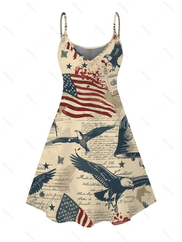 Independence Day Couple Outfit Vintage American Flag Bald Eagle Print Spaghetti Strap Dress and Shirt Patriotic Set - café lumière S | US 4