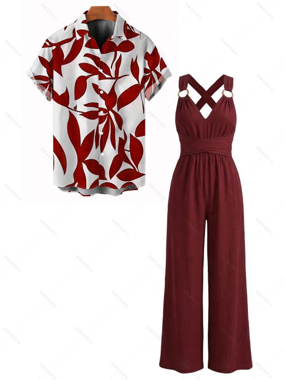 Vacation Couple Outfit Solid Color O Ring Straight Leg Jumpsuit and Leaf Patten Button Up Shirt Set - Rouge Vineux S | US 4