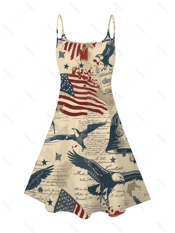 Independence Day Couple Outfit Vintage American Flag Bald Eagle Print Spaghetti Strap Dress and Shirt Patriotic Set - café lumière S | US 4