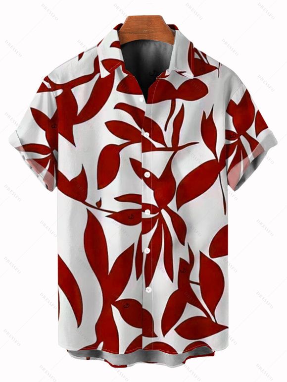 Vacation Couple Outfit Solid Color O Ring Straight Leg Jumpsuit and Leaf Patten Button Up Shirt Set - Rouge Vineux S | US 4