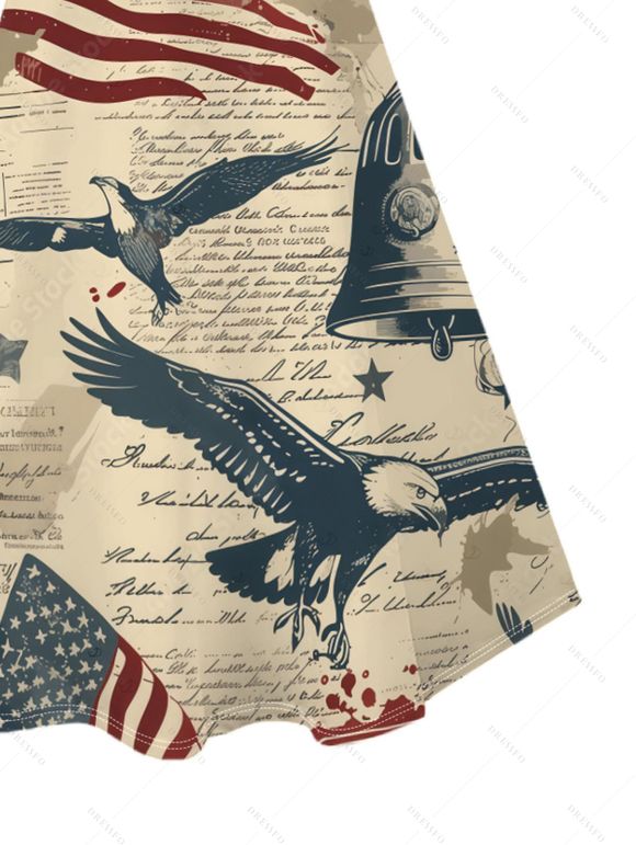 Independence Day Couple Outfit Vintage American Flag Bald Eagle Print Spaghetti Strap Dress and Shirt Patriotic Set - café lumière S | US 4