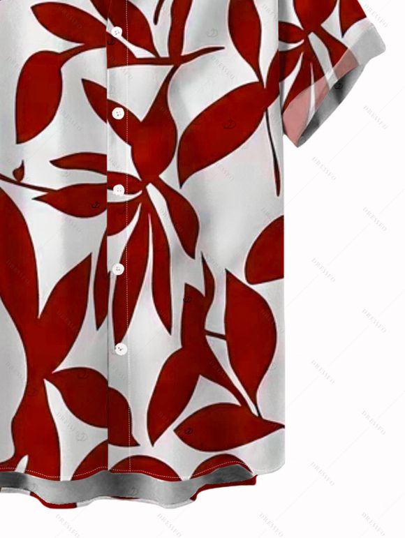 Vacation Couple Outfit Solid Color O Ring Straight Leg Jumpsuit and Leaf Patten Button Up Shirt Set - Rouge Vineux S | US 4