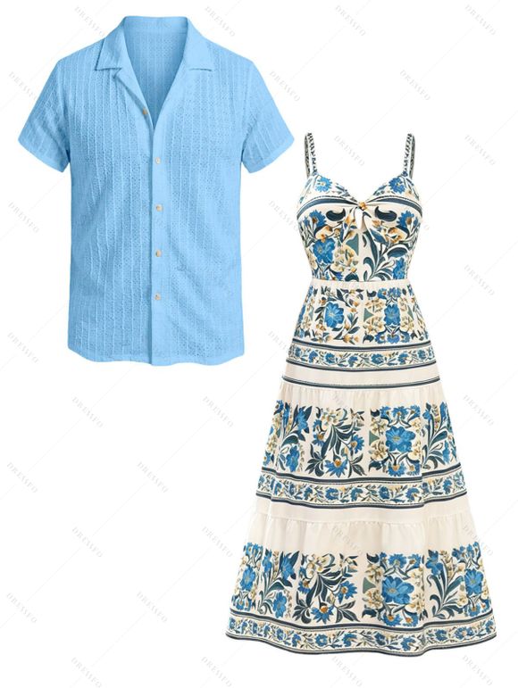 Vacation Couple Outfit Floral Leaf Ethnic Print Bowknot Tiered Dress and Textured Knitted Shirt Set - Bleu clair S | US 4