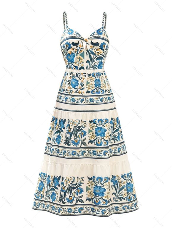 Vacation Couple Outfit Floral Leaf Ethnic Print Bowknot Tiered Dress and Textured Knitted Shirt Set - Bleu clair S | US 4