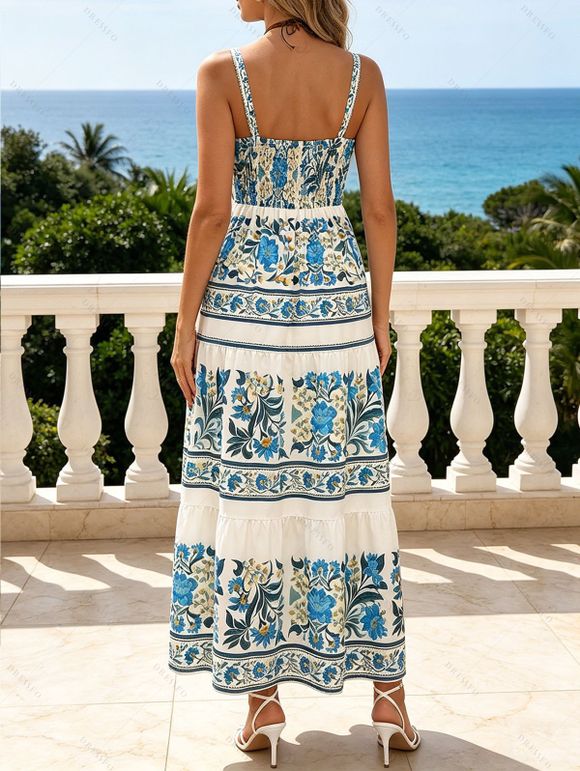 Vacation Couple Outfit Floral Leaf Ethnic Print Bowknot Tiered Dress and Textured Knitted Shirt Set - Bleu clair S | US 4