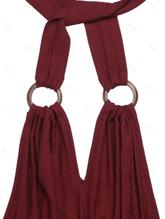 Vacation Couple Outfit Solid Color O Ring Straight Leg Jumpsuit and Leaf Patten Button Up Shirt Set - Rouge Vineux S | US 4