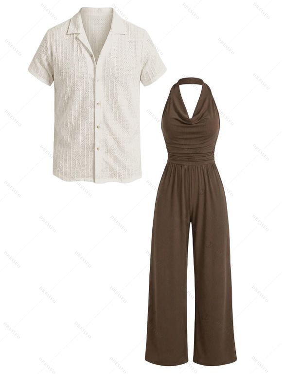 Vacation Couple Outfit Solid Color Draped Neck Ruched Open Back Wide Leg Jumpsuit and Textured Knitted Shirt Set - marron foncé S | US 4