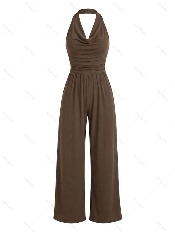Vacation Couple Outfit Solid Color Draped Neck Ruched Open Back Wide Leg Jumpsuit and Textured Knitted Shirt Set - marron foncé S | US 4