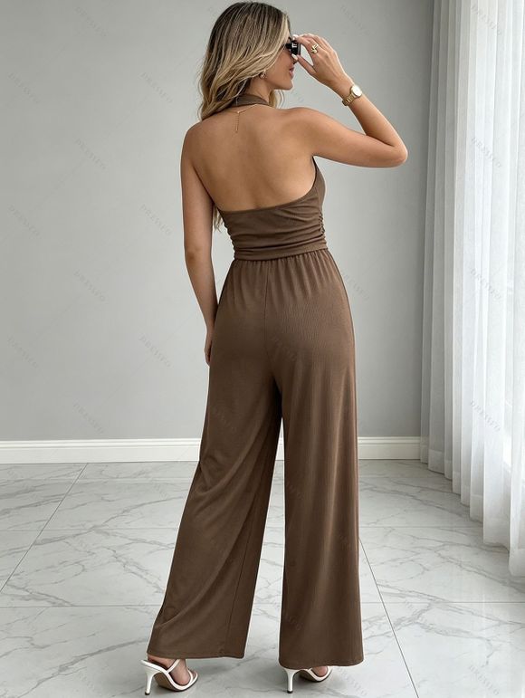 Vacation Couple Outfit Solid Color Draped Neck Ruched Open Back Wide Leg Jumpsuit and Textured Knitted Shirt Set - marron foncé S | US 4