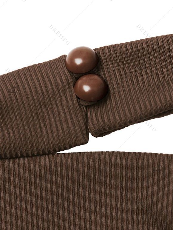 Vacation Couple Outfit Solid Color Draped Neck Ruched Open Back Wide Leg Jumpsuit and Textured Knitted Shirt Set - marron foncé S | US 4