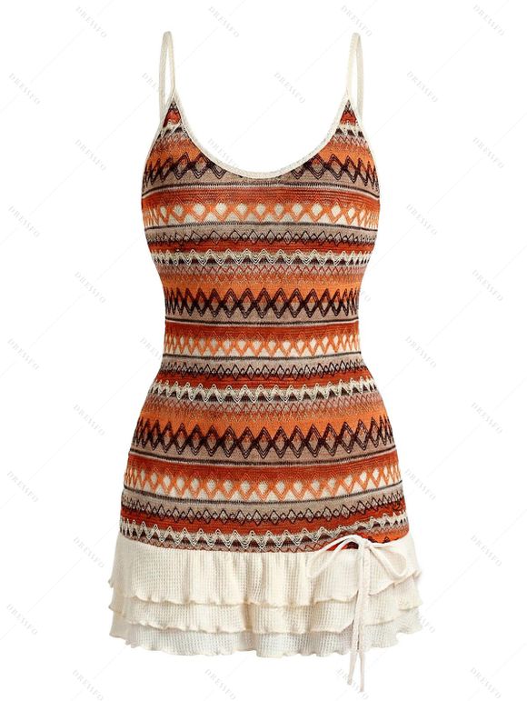 Bohemian Couple Outfit Zig Zag Ethnic Print Bowknot Layered Dress and Striped Print Shirt Set - Orange S | US 4