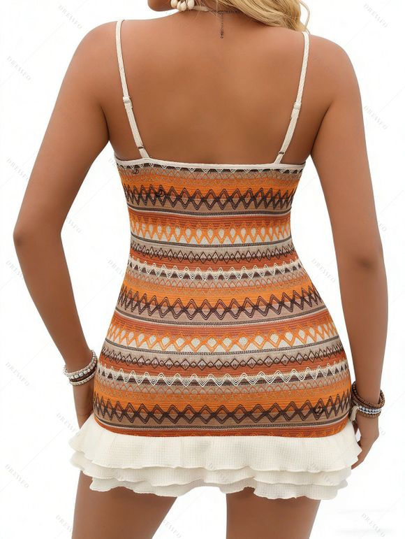 Bohemian Couple Outfit Zig Zag Ethnic Print Bowknot Layered Dress and Striped Print Shirt Set - Orange S | US 4