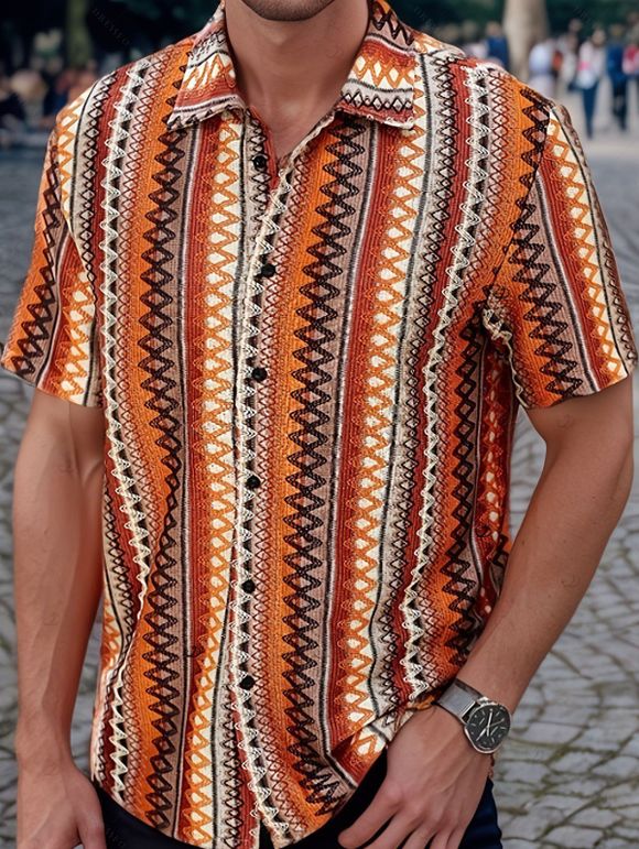 Bohemian Couple Outfit Zig Zag Ethnic Print Bowknot Layered Dress and Striped Print Shirt Set - Orange S | US 4