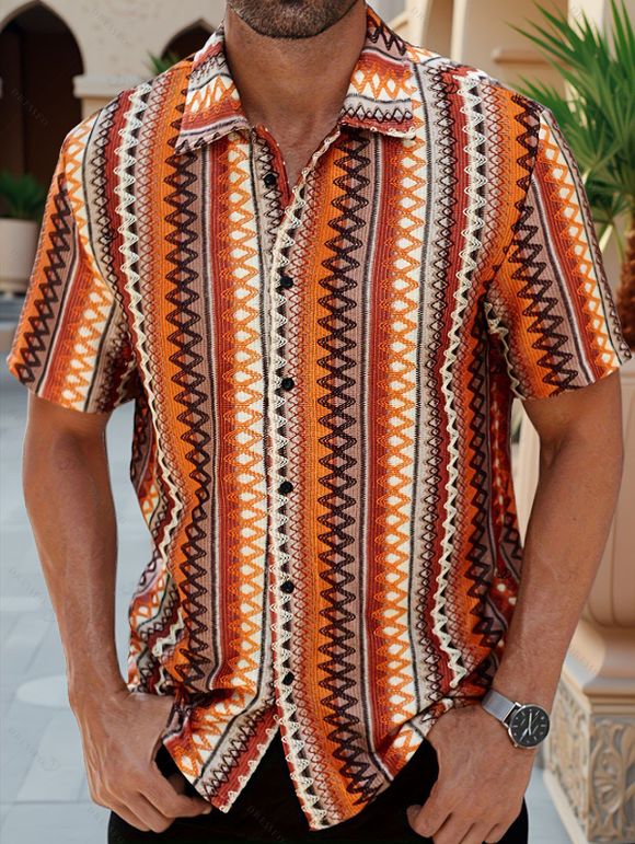 Bohemian Couple Outfit Zig Zag Ethnic Print Bowknot Layered Dress and Striped Print Shirt Set - Orange S | US 4