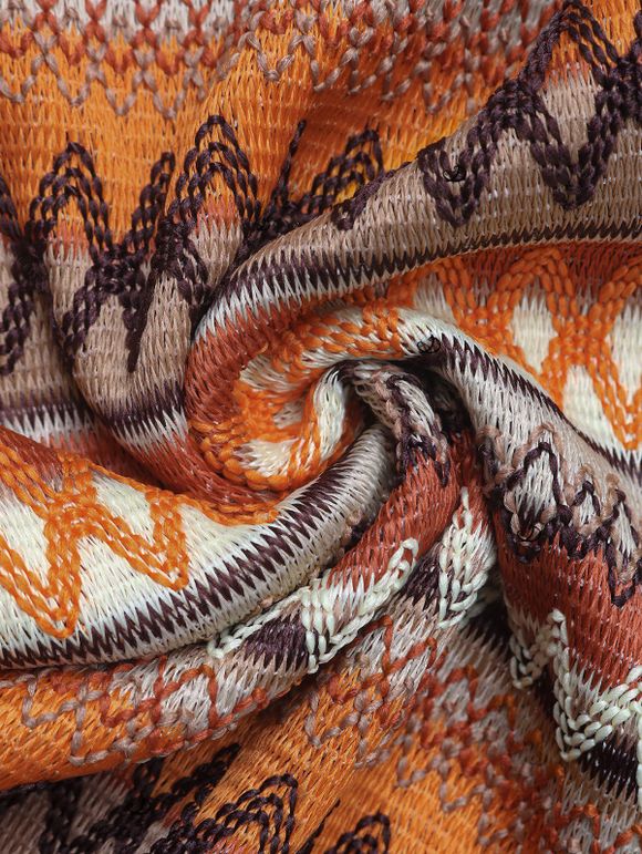 Bohemian Couple Outfit Zig Zag Ethnic Print Bowknot Layered Dress and Striped Print Shirt Set - Orange S | US 4