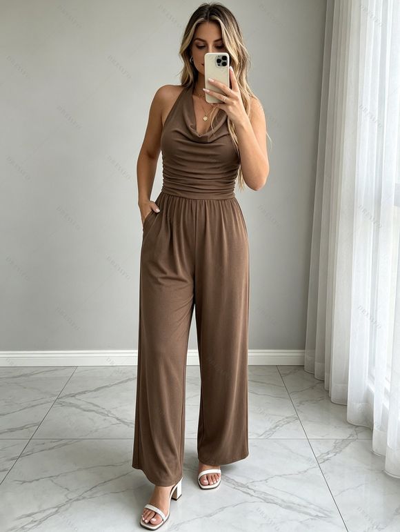 Casual Wide Leg Jumpsuit Solid Color Draped Neck Ruched Open Back Jumpsuit - marron foncé XL | US 10
