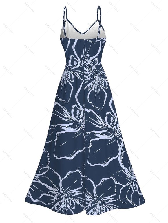 Hawaii Vacation Dress Outline Sketch Hibiscus Floral Print Lace Hollow Out Slit Dress - Bleu profond XXXXL | US 18