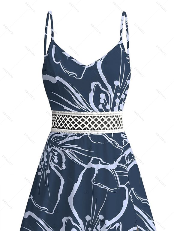 Hawaii Vacation Couple Outfit Sketch Hibiscus Floral Print Lace Hollow Out Slit Dress and Shirt Set - Bleu profond S | US 4